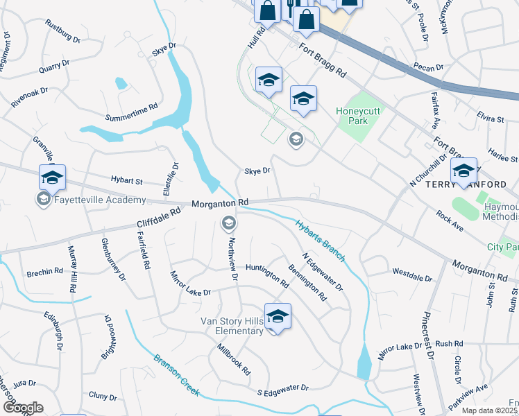 map of restaurants, bars, coffee shops, grocery stores, and more near 2671 Lockwood Road in Fayetteville