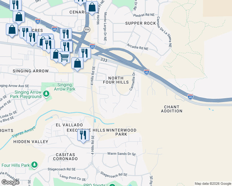 map of restaurants, bars, coffee shops, grocery stores, and more near 320 Serenity Court Southeast in Albuquerque