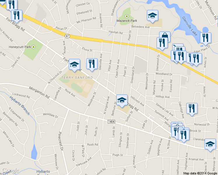 map of restaurants, bars, coffee shops, grocery stores, and more near 1813 Finnegan Street in Fayetteville