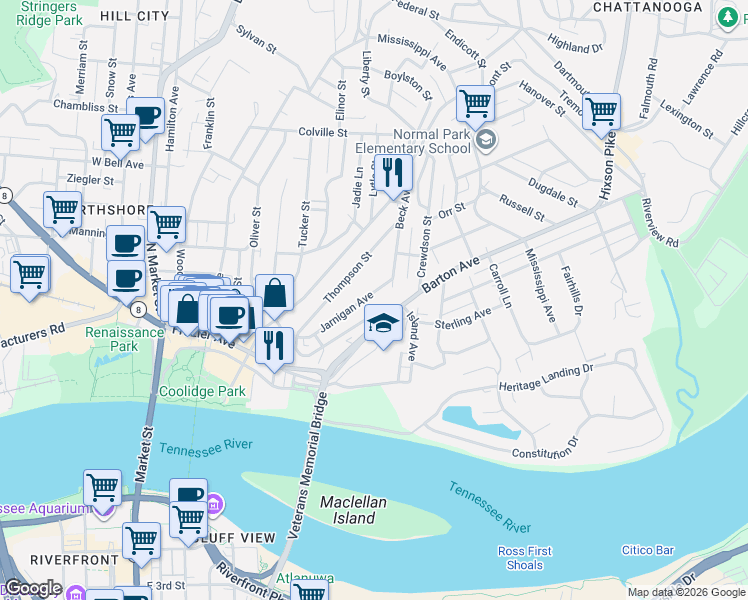 map of restaurants, bars, coffee shops, grocery stores, and more near 242 Jarnigan Avenue in Chattanooga