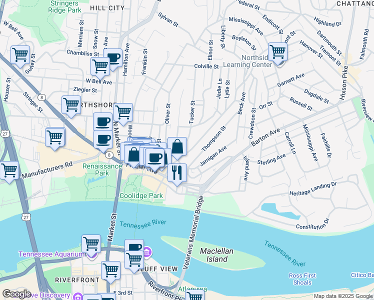 map of restaurants, bars, coffee shops, grocery stores, and more near 327 Tucker Street in Chattanooga