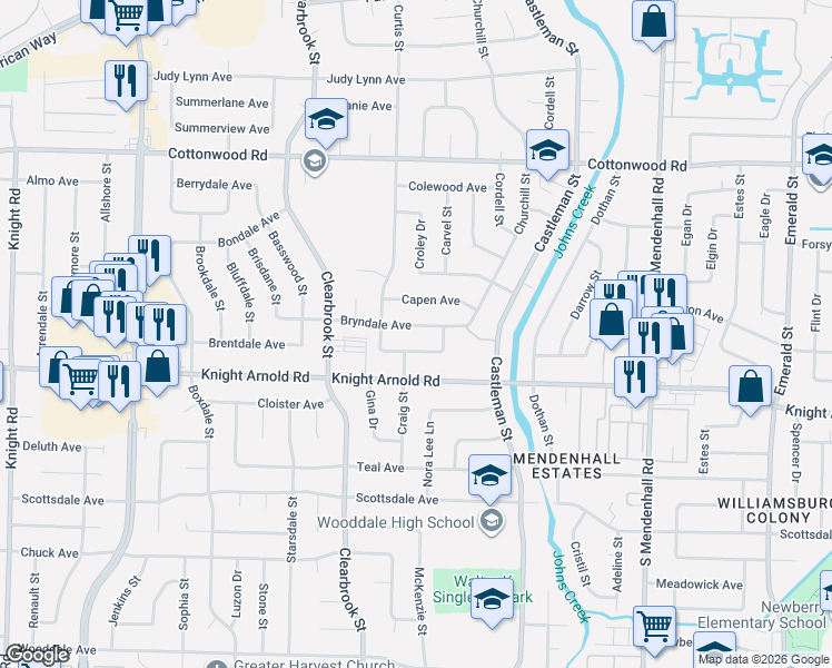 map of restaurants, bars, coffee shops, grocery stores, and more near 5058 Bryndale Avenue in Memphis