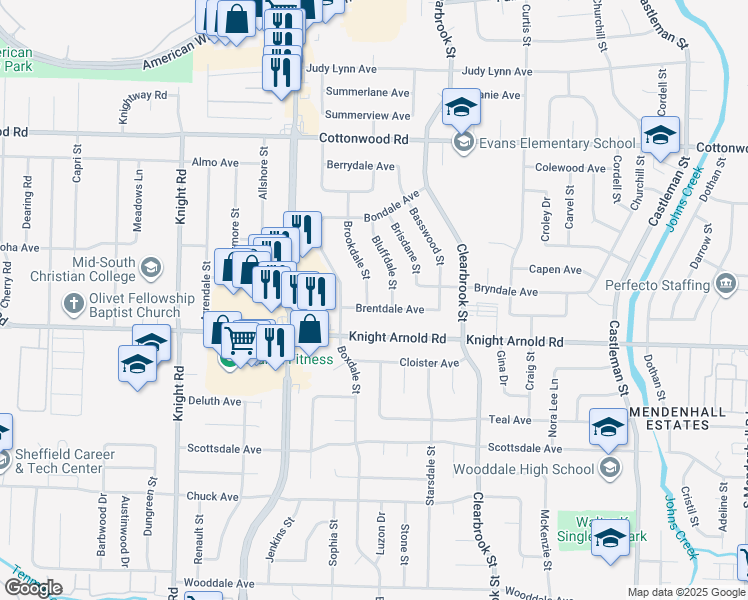 map of restaurants, bars, coffee shops, grocery stores, and more near 3107 Brookdale Street in Memphis