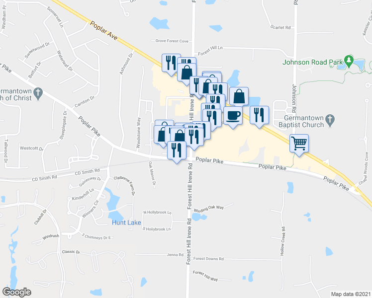 map of restaurants, bars, coffee shops, grocery stores, and more near 3133 S Forest Hill Irene Rd in Germantown