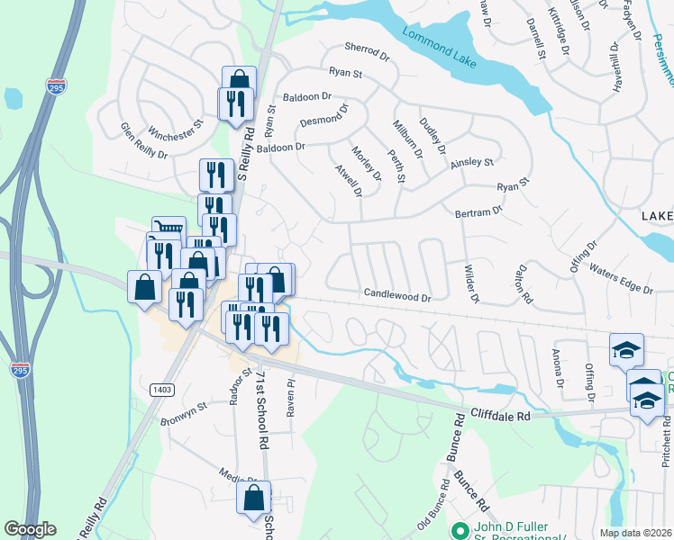 map of restaurants, bars, coffee shops, grocery stores, and more near 520 Hickorywood Drive in Fayetteville