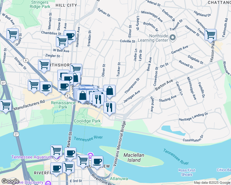 map of restaurants, bars, coffee shops, grocery stores, and more near 327 Tucker Street in Chattanooga