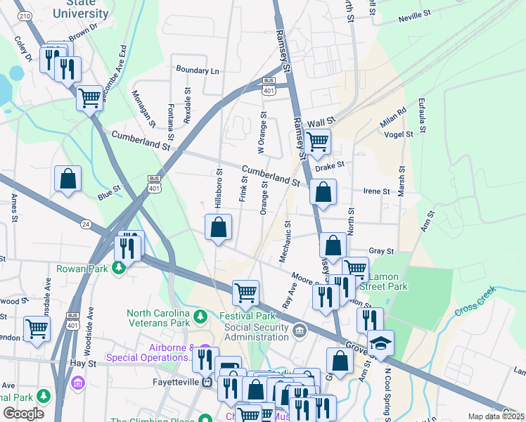 map of restaurants, bars, coffee shops, grocery stores, and more near Chance Street in Fayetteville