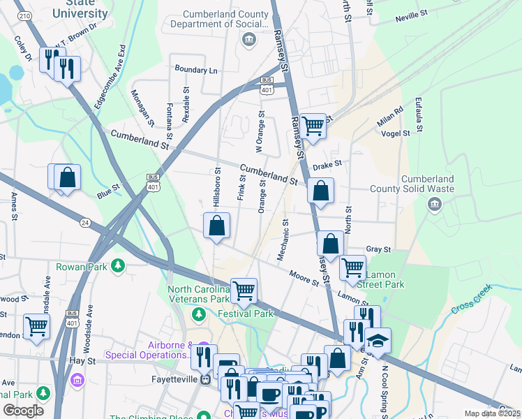 map of restaurants, bars, coffee shops, grocery stores, and more near Chance Street in Fayetteville