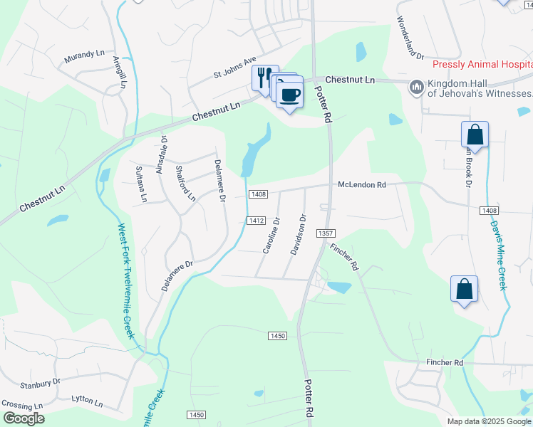map of restaurants, bars, coffee shops, grocery stores, and more near 308 Hollice Place in Matthews