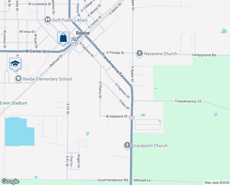 map of restaurants, bars, coffee shops, grocery stores, and more near 506 South Cypress Street in Beebe