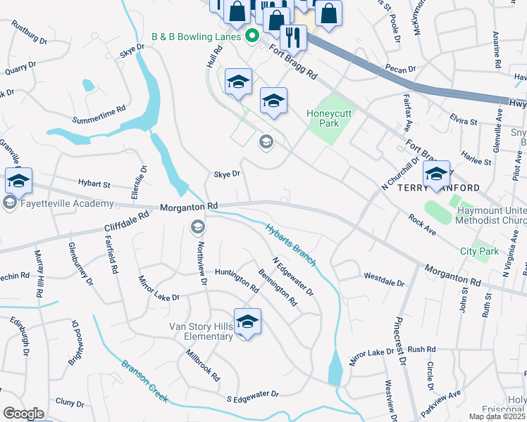 map of restaurants, bars, coffee shops, grocery stores, and more near 2631 Lockwood Road in Fayetteville
