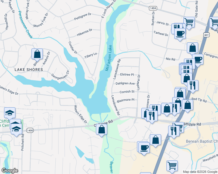 map of restaurants, bars, coffee shops, grocery stores, and more near 401 Lansdowne Road in Fayetteville