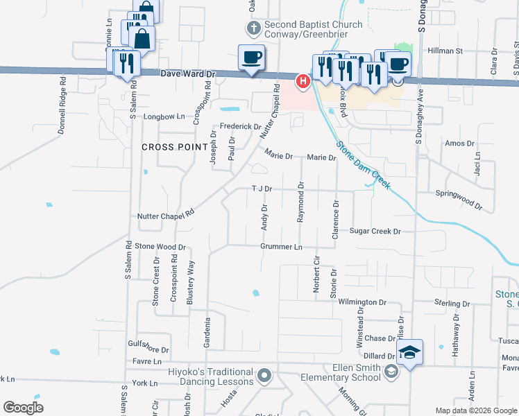 map of restaurants, bars, coffee shops, grocery stores, and more near 1135 Andy Drive in Conway