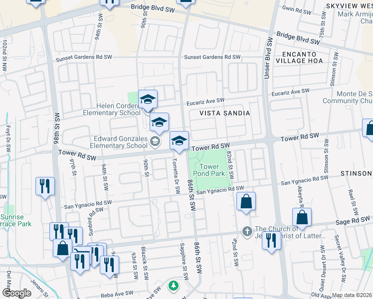 map of restaurants, bars, coffee shops, grocery stores, and more near 86th St SW & Tower Rd SW in Albuquerque
