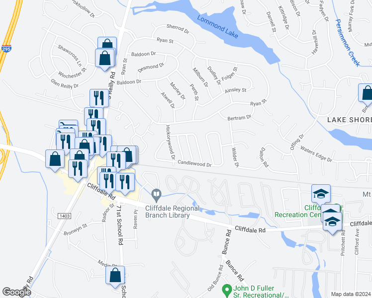 map of restaurants, bars, coffee shops, grocery stores, and more near 524 Hollyberry Lane in Fayetteville
