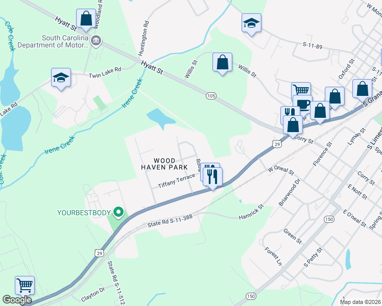map of restaurants, bars, coffee shops, grocery stores, and more near 303 Rodgers Street in Gaffney