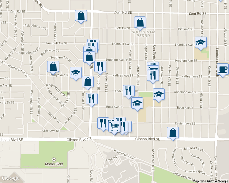 map of restaurants, bars, coffee shops, grocery stores, and more near 1038 Palomas Drive Southeast in Albuquerque