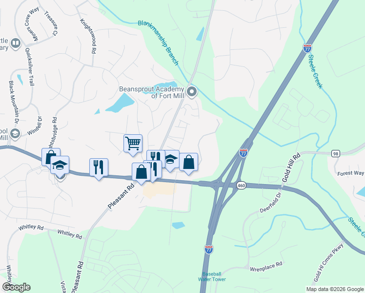 map of restaurants, bars, coffee shops, grocery stores, and more near 1054 Archibald Avenue in Fort Mill