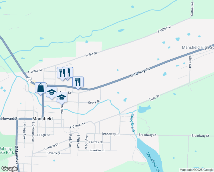 map of restaurants, bars, coffee shops, grocery stores, and more near 1005 U.S. 71 in Mansfield