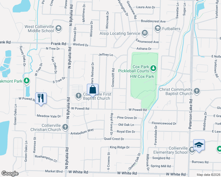 map of restaurants, bars, coffee shops, grocery stores, and more near 915 Greencliff Road in Collierville