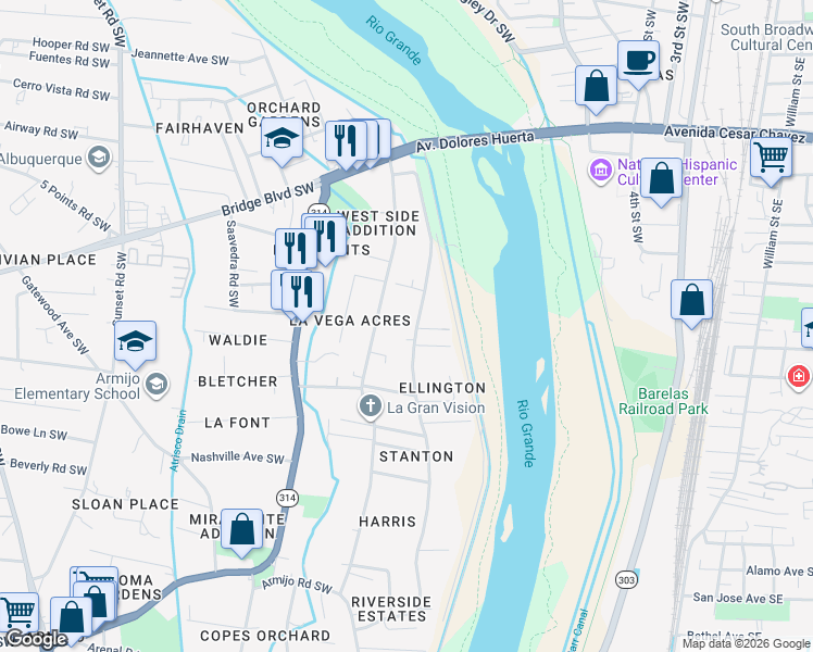 map of restaurants, bars, coffee shops, grocery stores, and more near 331 Riverside Drive Southwest in Albuquerque