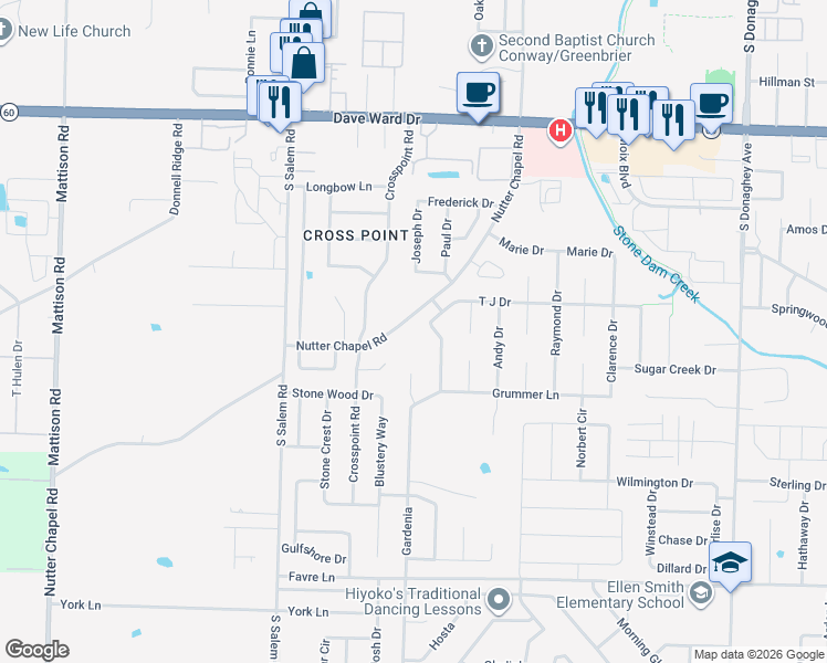 map of restaurants, bars, coffee shops, grocery stores, and more near 2695 Nutter Chapel Road in Conway