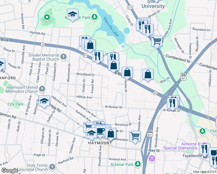 map of restaurants, bars, coffee shops, grocery stores, and more near 522 Lambert Street in Fayetteville