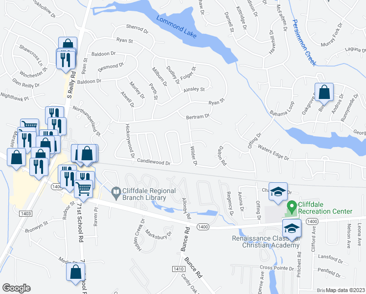 map of restaurants, bars, coffee shops, grocery stores, and more near 6863 Candlewood Drive in Fayetteville