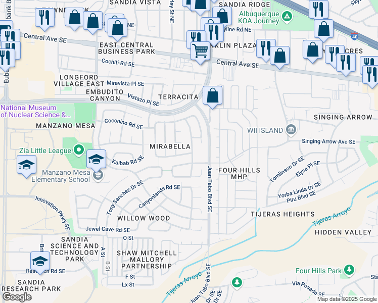 map of restaurants, bars, coffee shops, grocery stores, and more near 512 Glacier Bay Street Southeast in Albuquerque
