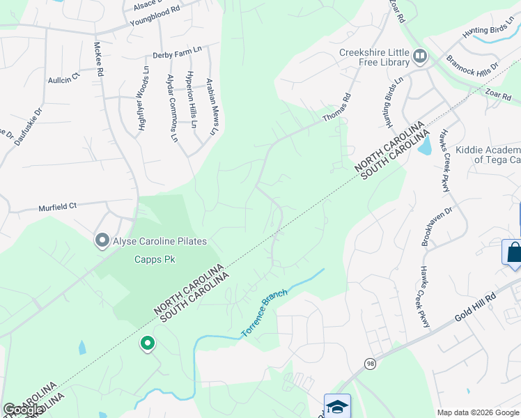 map of restaurants, bars, coffee shops, grocery stores, and more near 15627 Thomas Road in Charlotte