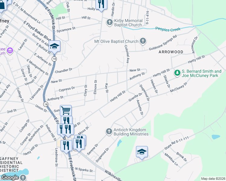 map of restaurants, bars, coffee shops, grocery stores, and more near 602 Anthony Street in Gaffney