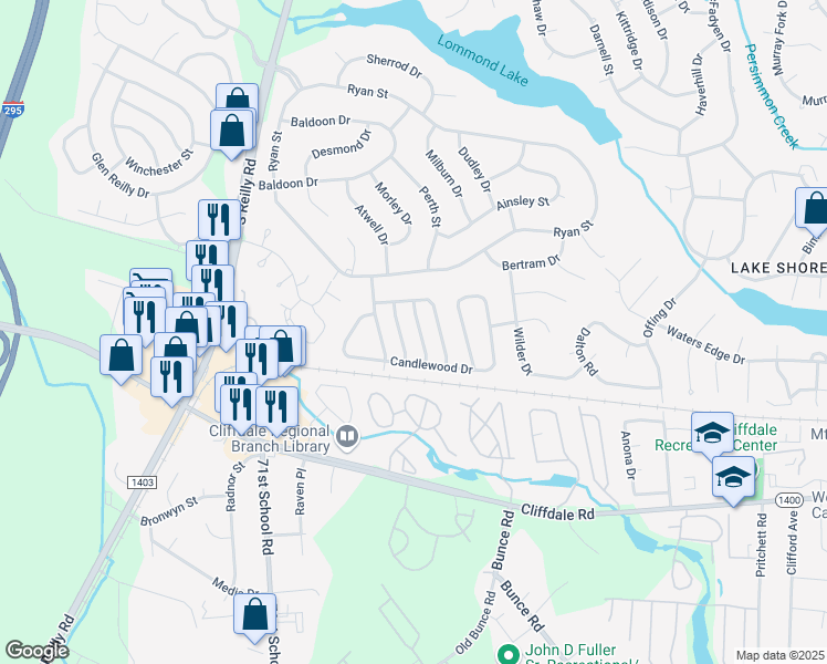 map of restaurants, bars, coffee shops, grocery stores, and more near 524 Hollyberry Lane in Fayetteville