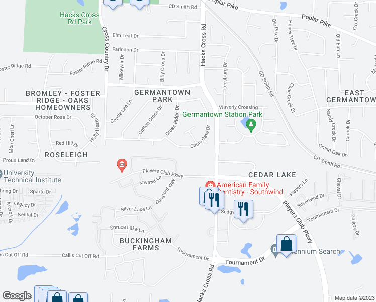 map of restaurants, bars, coffee shops, grocery stores, and more near 3066 Circle Gate Drive in Germantown