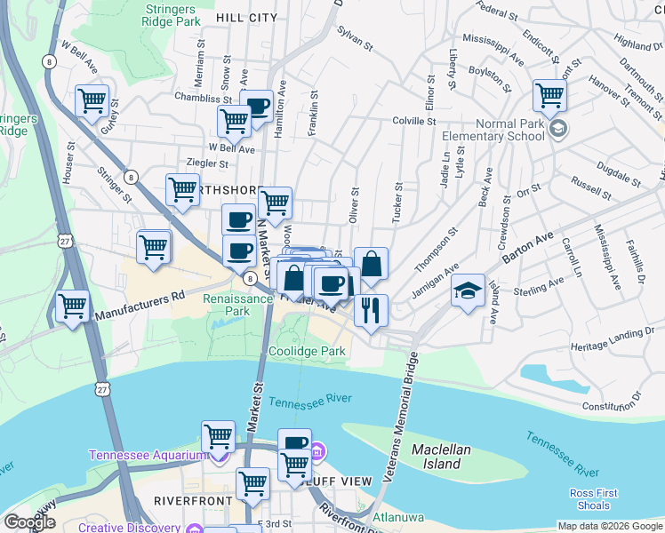 map of restaurants, bars, coffee shops, grocery stores, and more near 212 Delmont Street in Chattanooga