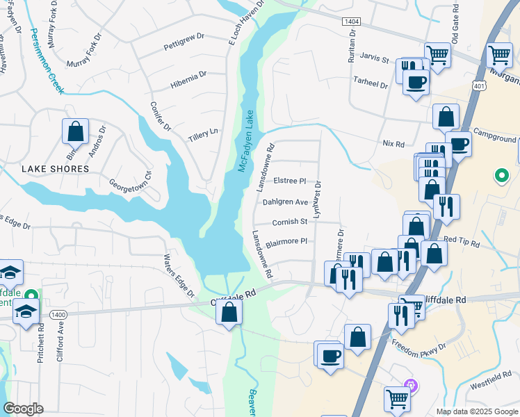 map of restaurants, bars, coffee shops, grocery stores, and more near 401 Lansdowne Road in Fayetteville