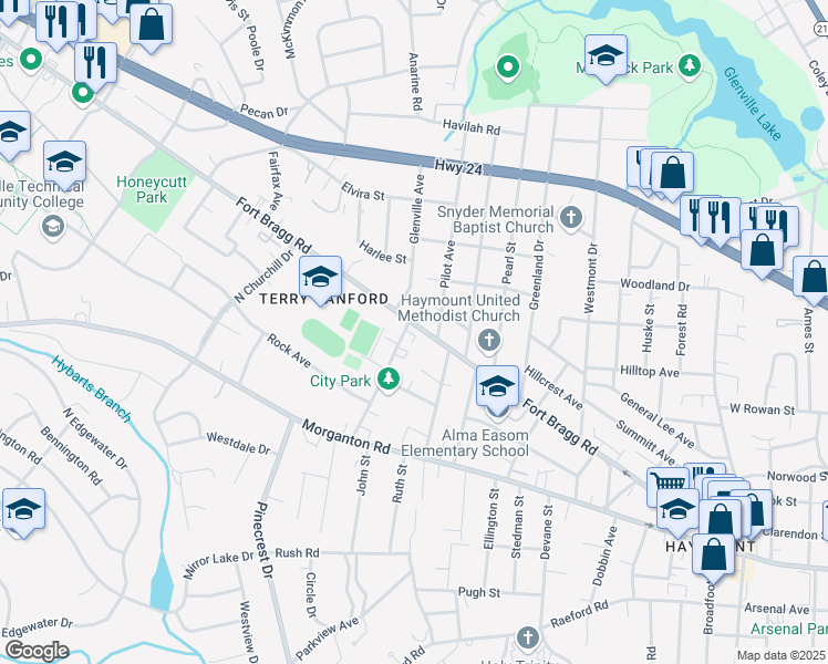 map of restaurants, bars, coffee shops, grocery stores, and more near 1919 Fort Bragg Road in Fayetteville
