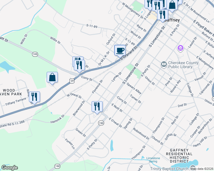 map of restaurants, bars, coffee shops, grocery stores, and more near 715 Florence Street in Gaffney
