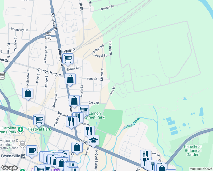 map of restaurants, bars, coffee shops, grocery stores, and more near in Fayetteville