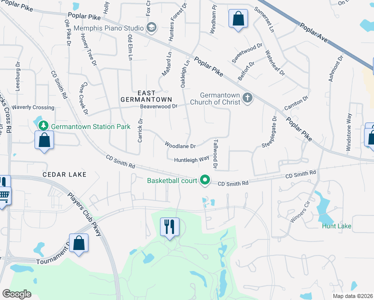 map of restaurants, bars, coffee shops, grocery stores, and more near 8545 Woodlane Drive in Germantown