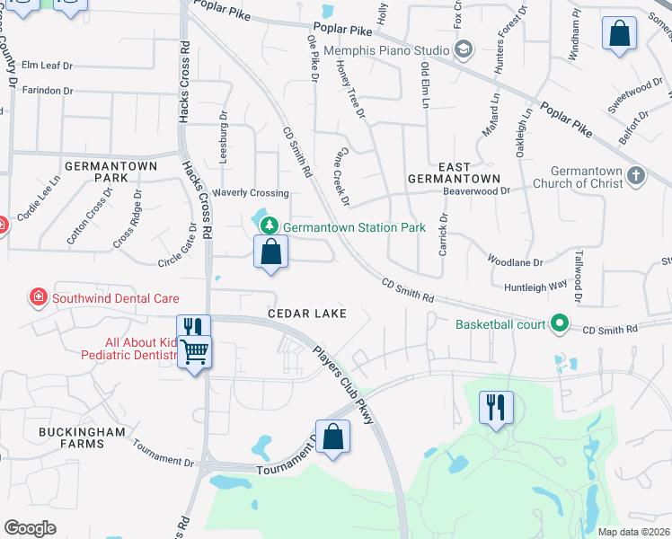 map of restaurants, bars, coffee shops, grocery stores, and more near 8277 San Augustine Lane in Germantown