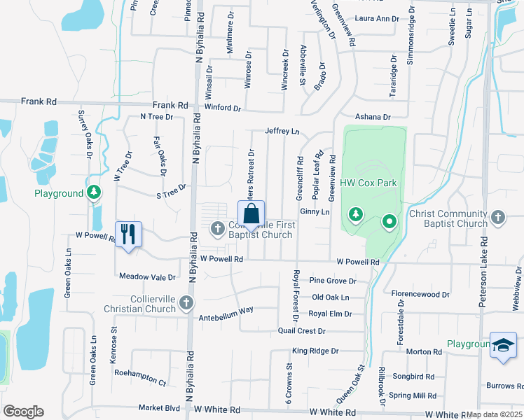 map of restaurants, bars, coffee shops, grocery stores, and more near 896 Hunters Retreat Drive in Collierville