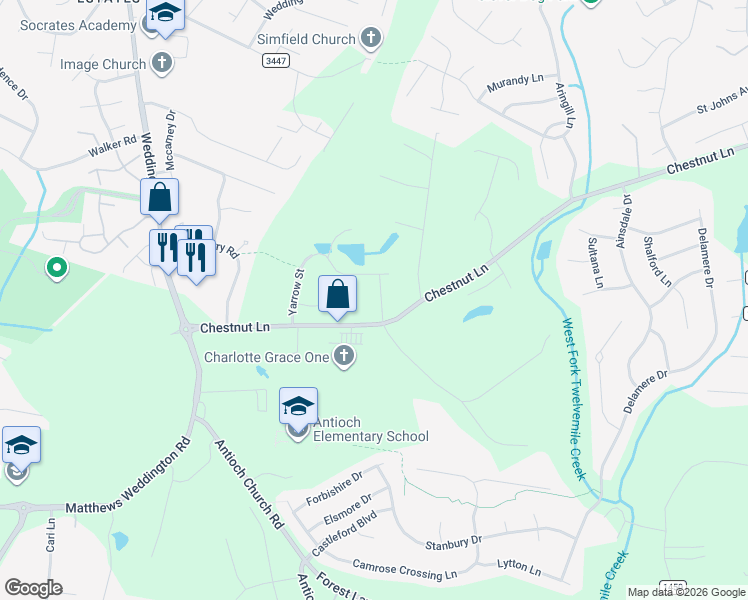 map of restaurants, bars, coffee shops, grocery stores, and more near 321 Hidden Cove Lane in Stallings