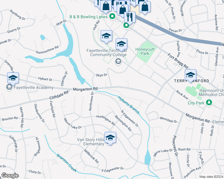 map of restaurants, bars, coffee shops, grocery stores, and more near 2651 Lockwood Road in Fayetteville