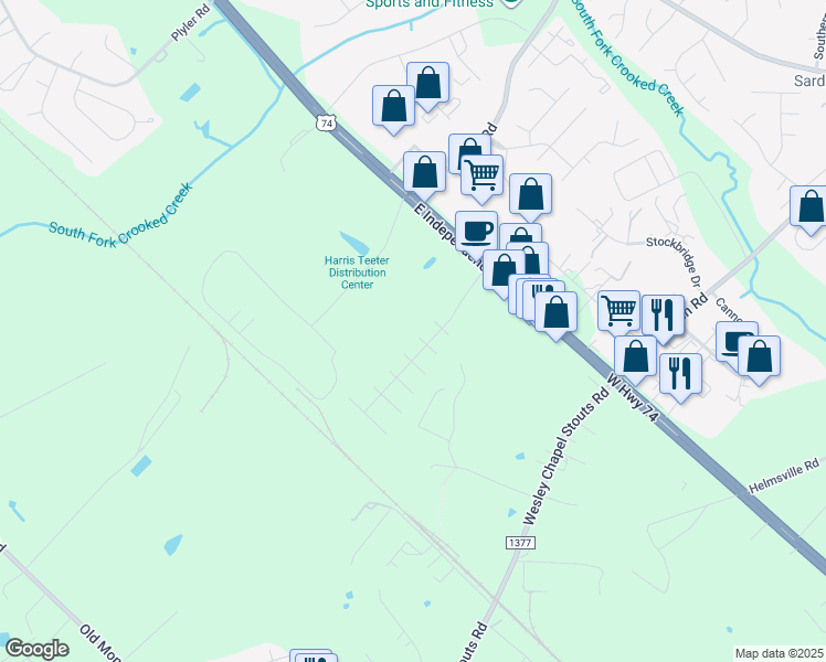map of restaurants, bars, coffee shops, grocery stores, and more near 5906 Crosswinds Court in Indian Trail