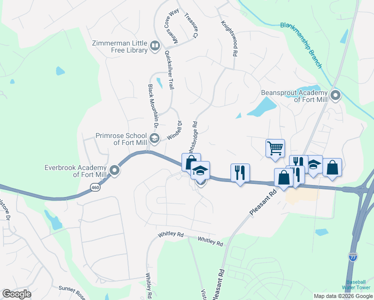 map of restaurants, bars, coffee shops, grocery stores, and more near 823 Knightsbridge Road in Fort Mill