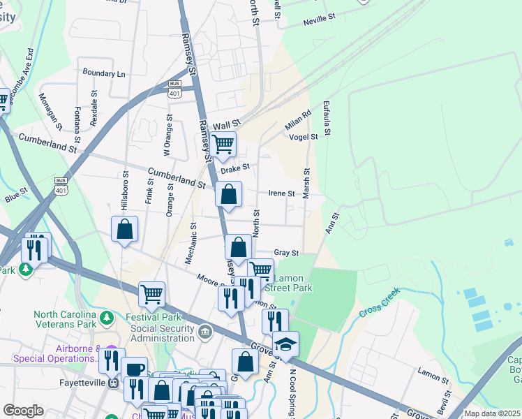 map of restaurants, bars, coffee shops, grocery stores, and more near North Street in Fayetteville