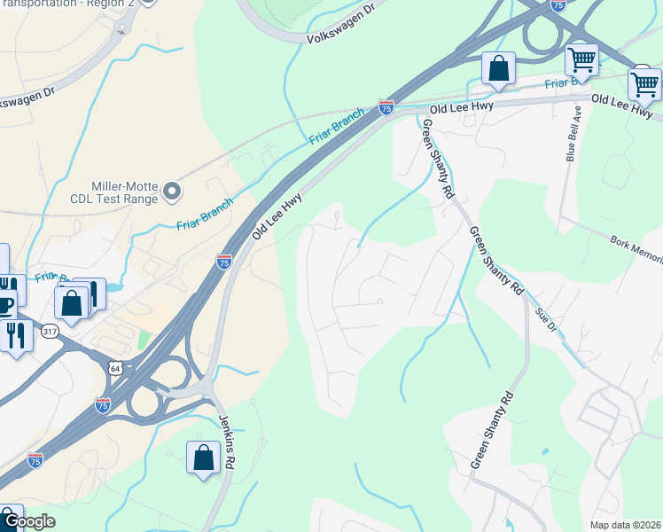 map of restaurants, bars, coffee shops, grocery stores, and more near 4731 Buckingham Drive in Chattanooga