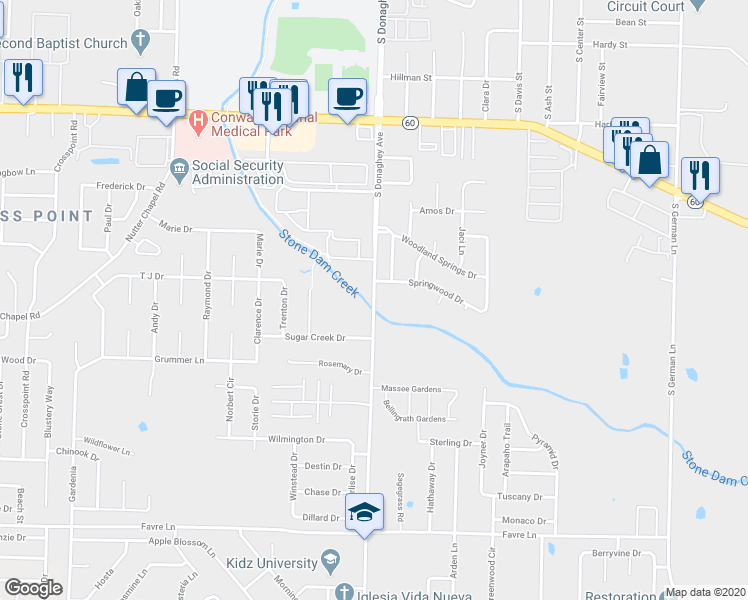map of restaurants, bars, coffee shops, grocery stores, and more near 1270 South Donaghey Avenue in Conway