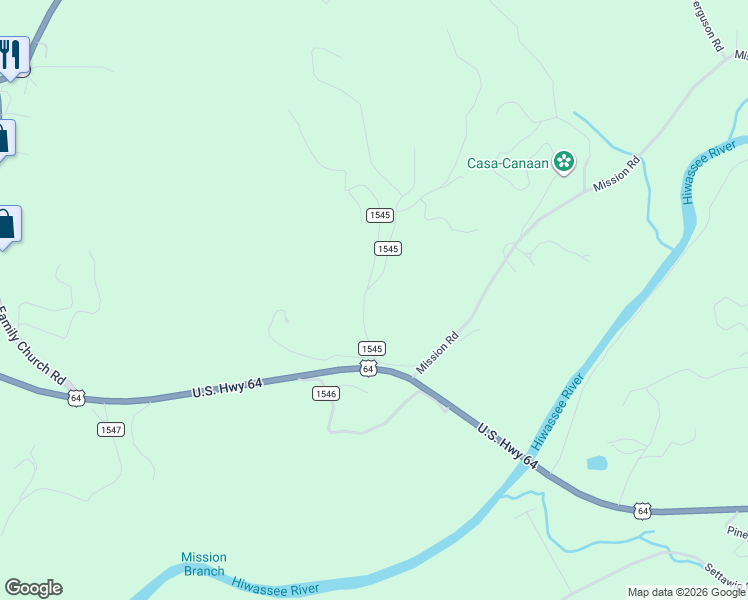 map of restaurants, bars, coffee shops, grocery stores, and more near 282 Myers Bridge Road in Murphy