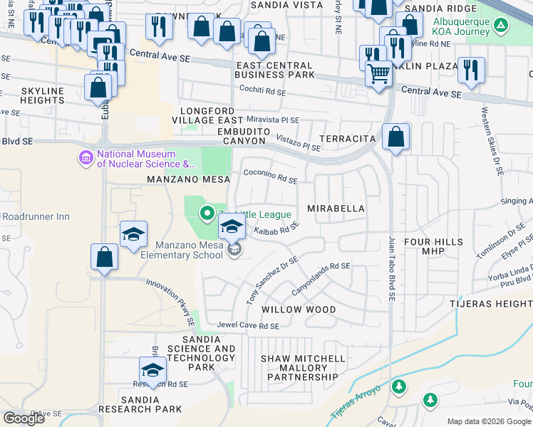 map of restaurants, bars, coffee shops, grocery stores, and more near 11116 Buffalo River Road Southeast in Albuquerque